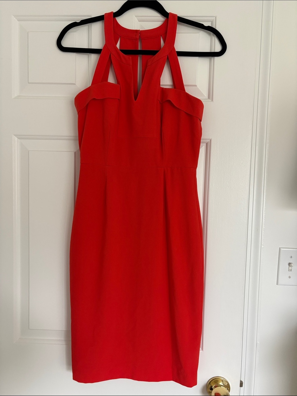 Red-Orange Sleeveless Halter Sheath Dress